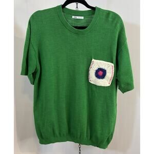 ZARA Man L Green Knit Sweater Short Sleeve Crochet Pocket 100% Cotton Vibing
